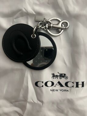 Coach Black Leather Round Mirror Key Charm with Silver Hardware